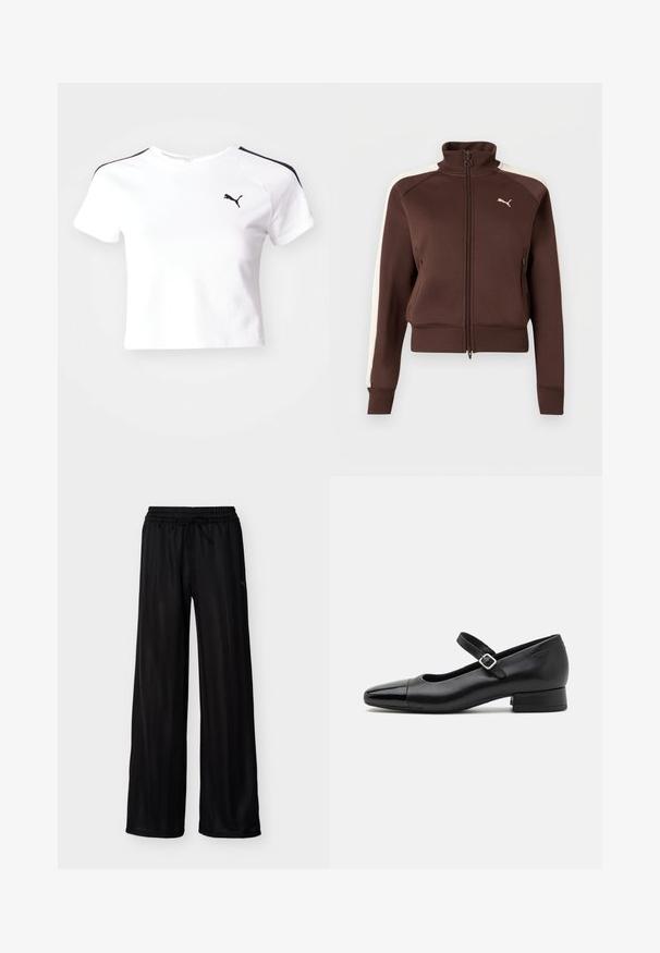 Braune Reißverschlussjacke mit hohem Kragen, cremefarbenen Seitenstreifen, gerippten Bündchen und Saum, verfügt über Reißverschlusstaschen und ein kleines Logo auf der Brust.; Weißes, kurzes T-Shirt aus Baumwolle mit schwarzen Schulterakzenten und einem kleinen schwarzen Logo auf der linken Brustseite.; Schwarze, weit geschnittene Hose mit elastischem Bund und Kordelzug, versehen mit dezenten vertikalen Streifen und einem kleinen seitlichen Logo.; Schwarze Leder-Mary-Jane-Schuhe mit einer patentierten Zehenkappe, verstellbarem Knöchelriemen und niedrigem Blockabsatz. Glatte Textur und elegantes Design.