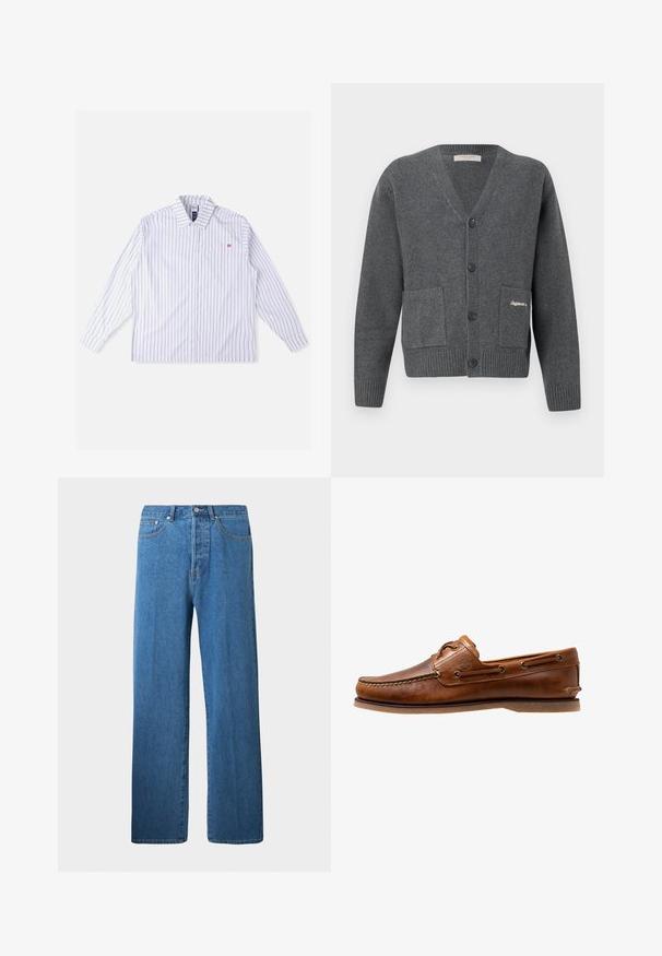 Cárdigan gris hecho de tejido de punto, con escote en V, seis botones, dos bolsillos frontales y puños y dobladillo acanalados.; Camisa blanca de manga larga con rayas verticales azules, cierre de botones en la parte delantera, cuello, bolsillo en el pecho izquierdo y detalle de logo rojo. Tela suave y tejida.; Jeans de mezclilla azul claro con corte recto. Presentan cinco bolsillos, un cierre de botón y detalles de costura mínimos.; Zapato de barco de cuero marrón con acentos de costura, con ojales de metal, una costura elevada en la puntera y una suela de goma plana.