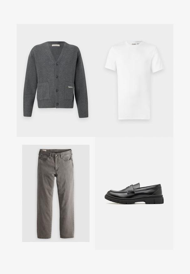Grå cardigan lavet af strikket stof, med V-hals, seks knapper, to forlommer og ribstrik på ærmekanterne og kanten.; Hvid, kortærmet T-shirt med rund hals og et lille brandlabel inde i kraven, vist på en hvid baggrund.; Grå denimjeans med lige pasform, fem-lomme-design og knaplukning; ingen synlige mønstre eller accenter; let bleget finish.; Sort læder loafersko med en bred rem over forfoden, gummisål med tykke mønstre og glat overflade. Klassisk, slankt design.