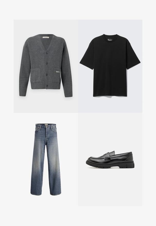 Grijze cardigan van gebreide stof, met een V-hals, zes knopen, twee voorzakken en geribbelde boorden en zoom.; Zwart katoenen T-shirt met korte mouwen en een losse pasvorm, met ronde hals, afgebeeld tegen een effen lichte achtergrond.; Lichtblauwe wijde denim jeans. Kenmerken zijn een hoge taille, knoopsluiting en subtiele vervaging met een soepele textuur en gestikte naden.; Zwarte leren instapper met een brede band over de voet, rubberen zool met dikke noppen en een gladde textuur. Klassiek, strak ontwerp.