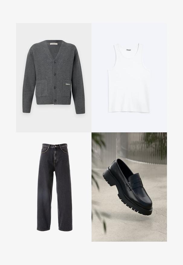 Cárdigan gris hecho de tejido de punto, con escote en V, seis botones, dos bolsillos frontales y puños y dobladillo acanalados.; Camiseta sin mangas blanca con cuello redondo y etiqueta de la marca Weekday en el interior del cuello trasero, mostrada plana sobre un fondo claro.; Pantalones vaqueros de mezclilla gris oscuro con un diseño holgado y de pierna recta, que cuentan con cinco bolsillos, costuras claras y un cierre de botón en la cintura.; Mocasines de cuero negro con suela gruesa, que presentan una correa decorativa y detalles de costura. Textura suave con un acabado pulido.