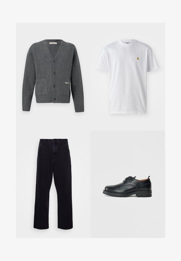 Grijze cardigan van gebreide stof, met een V-hals, zes knopen, twee voorzakken en geribbelde boorden en zoom.; Witte katoenen t-shirt met korte mouwen en ronde hals, voorzien van een klein gouden logo op de linkerkant van de borst. Zachte textuur en een normale pasvorm.; Zwarte denim broek met een rechte pijpdesign, voorzien van een knoop- en ritssluiting, riemlussen en minimale stikdetails.; Zwarte leren derby schoenen met een gladde textuur, ronde neus, vetersluiting en een dikke, robuuste rubberen zool.