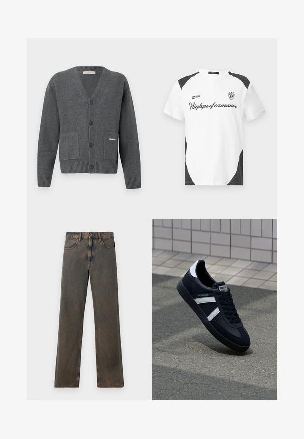 Grå cardigan lavet af strikket stof, med V-hals, seks knapper, to forlommer og ribstrik på ærmekanterne og kanten.; Hvid kortærmet t-shirt med sorte accenter. Har "REPLAY FC" logoet og "Highperformance" teksten i en sporty skrift. Lavet af et glat materiale.; Brune vaskede lige ben jeans med forlommer, knaplukning og bæltestropper vist mod en hvid baggrund.; Sort lædersneaker med hvide striber, tekstureret gummisål og snørrebånd foran. Har et brandet mærke på tungen.