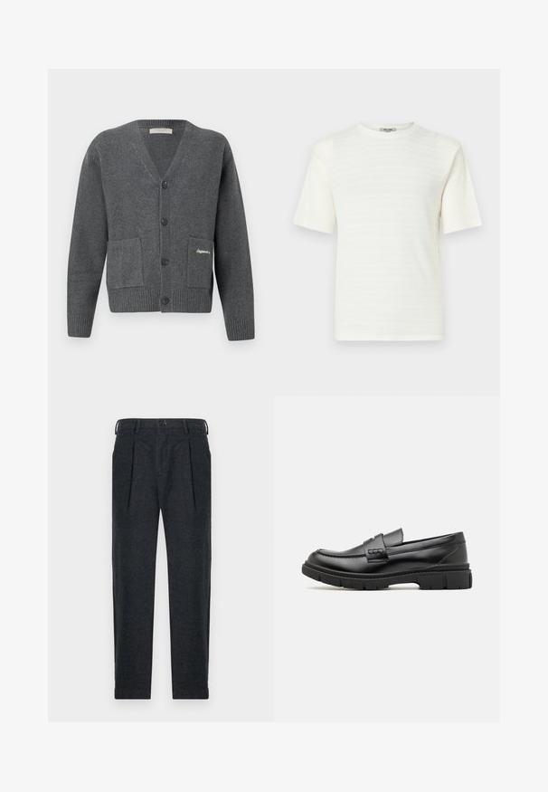 Grauer Cardigan aus Strickstoff, mit V-Ausschnitt, sechs Knöpfen, zwei Fronttaschen und gerippten Bündchen sowie Saum.; Weiße kurzärmelige T-Shirt aus strukturiertem Stoff mit einem dezenten horizontalen Muster. Rundhalsausschnitt, relaxter Schnitt.; Graue Wollmix-Hosen mit zwei vorderen Falten, Gürtelschlaufen, Seitentaschen und einem Knopfverschluss. Gerade Beinform mit einer glatten Textur.; Schwarze Lederloafer mit einem breiten Riemen über dem Rist, Gummisohle mit dicken Profilen und glatter Textur. Klassisches, schlankes Design.