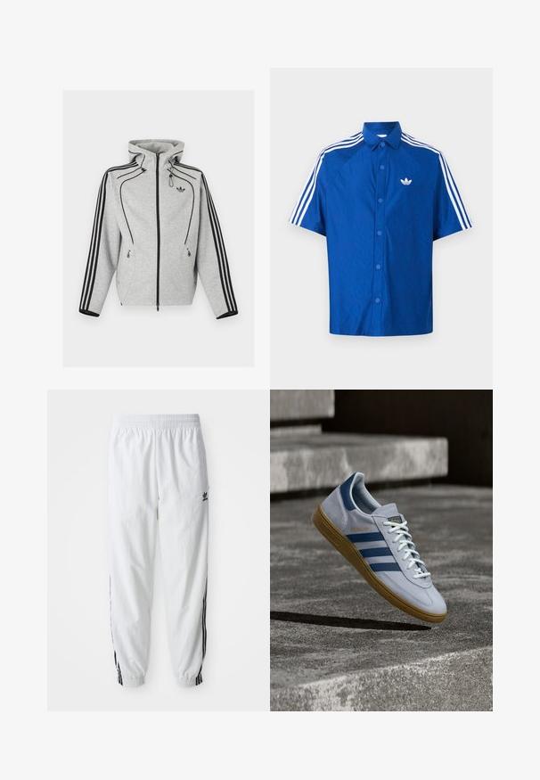 Lysegrå hættetrøje med lynlås med sorte striber på ærmerne, justerbar hætte med snore, lynlåslommer på siden og Adidas-logo på brystet.; Blå kortærmet skjorte med knapper, med hvid Adidas-logo på brystet og tre hvide striber langs skuldrene og ærmerne.; Hvide træningsbukser med sorte sidelister, elastisk talje og manchetter; har Adidas-logoet på venstre lår. Glat stoftekstur.; Lyseblå Adidas Spezial sneakers med marineblå striber og gummisål, vist i luften over betontrapper i et neutralt udendørsmiljø.