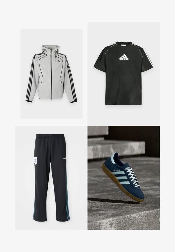 Helehall triiksärk lukuga, mustade triipudega varrukatel, reguleeritava nööriga kapuutsiga, lukuga küljetaskud ja Adidas logo rinnal.; Must lühikeste varrukatega T-särk, millel on valge Adidas logo rinnal ja valged triibud õlgadel. Valmistatud siledast kangast, lõdva lõikega.; Mustad mustekad kokkuvõtlikud spordipüksid elastse vöökohtkega, millel on sinised triibud külgedel ja logo vasakul esiküljel.; Sinine Adidas Spezial tennisk, valgete triipude ja paeltega, kummist tallaga, hõljub kareda betoonpinna ja sammude kohal taustal.