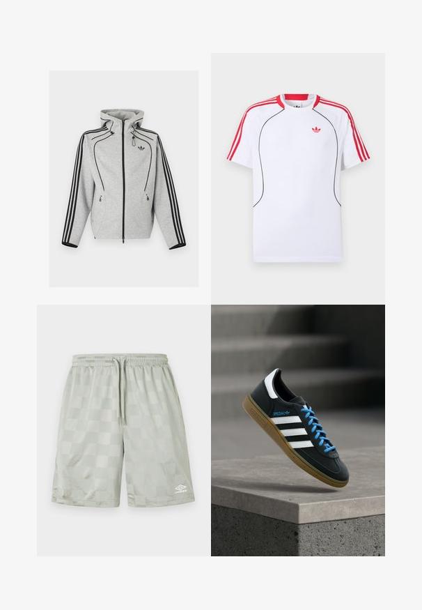 Sweat à capuche zippé gris clair avec des bandes noires sur les manches, capuche réglable avec cordons, poches latérales zippées et logo Adidas sur la poitrine.; T-shirt de sport blanc à manches courtes avec des rayures rouges sur les épaules et les manches, un liseré noir à l'avant, et le logo Adidas trèfle rouge sur la poitrine.; Umbro FOOTBALL SHORT - Pantalon de survêtement - harbor mist; Baskets Adidas noires avec des rayures blanches, des lacets bleus et une semelle en gomme flottant au-dessus d'une marche en béton grise sous une lumière douce.