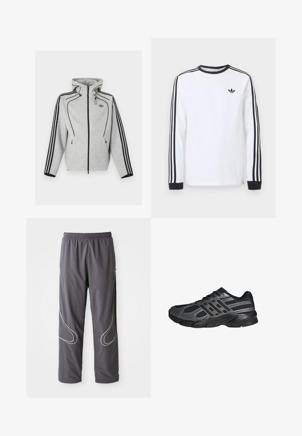 Lichtgrijze hoodie met rits, zwarte strepen op de mouwen, verstelbare capuchon met koordjes, ritssluitbare zijzakken en Adidas-logo op de borst.; Wit Adidas shirt met lange mouwen, zwarte ronde hals, zwarte boordjes, drie zwarte strepen langs de mouwen en een zwart trefoil-logo op de borst.; Heren grijze sportbroeken met een elastische tailleband, ritssloten en reflecterende witte accenten aan de zijkanten. Lichtgewicht, zachte textuur.; Zwarte sportschoenen gemaakt van mesh en synthetische materialen, met een getextureerd oppervlak, meerdere grijze strepen en een gevoerde kraag.