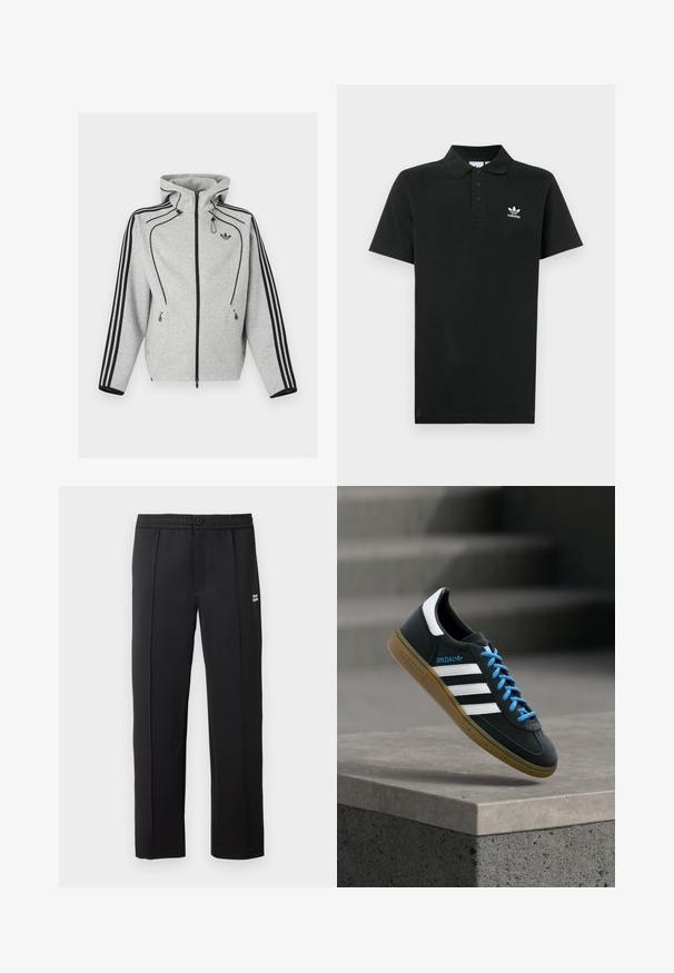 Svetlosivá mikina na zips s čiernymi pásmi na rukávoch, nastaviteľnou kapucňou so sťahovacími šnúrkami, bočnými vreckami na zips a logom Adidas na hrudi.; Čierne bavlnené polotričko s trojguľíkovým zapínaním, krátkymi rukávmi a malým bielym logom Adidas na ľavej strane hrudníka.; Čierne nohavice z hladkej látky, s gombíkovým zapínaním, bočnými vreckami a malým logom na prednej strane. Strih s rovnými nohavicami.; Čierna teniska Adidas s bielymi pruhmi, modrými šnúrkami a gumovou podrážkou, ktorá sa vznáša nad sivým betónovým schodom v mäkkom svetle.