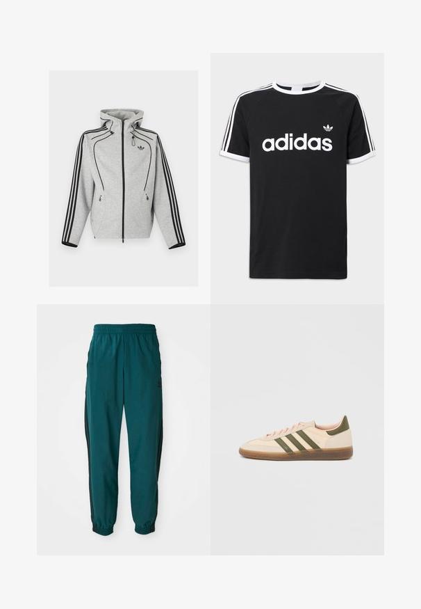 Vaaleanharmaa vetoketjullinen huppari, jossa mustat raidat hihoissa, säädettävä huppu napeilla, vetoketjulliset sivutaskut ja Adidas-logo rinnassa.; Musta puuvillainen t-paita, jossa on valkoinen Adidas-logo, kolme valkoista raitaa olkapäillä sekä valkoiset reunukset kaula-aukossa ja hihoissa.; Teal urheiluhaalari, jossa on nauhavyötärö, elastiset hihnat ja mustat sivuraitaa. Valmistettu kevyestä kankaasta, jossa on logo lonkan lähellä.; Matala profiilinen beige Adidas Spezial -lenkkarit vihreillä raidoilla, kumipohjalla ja "SPEZIAL"-logolla sivussa, kuvattuna ulkopuolelta.