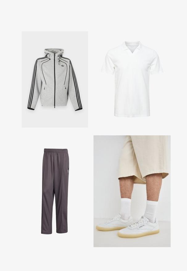 Helehall triiksärk lukuga, mustade triipudega varrukatel, reguleeritava nööriga kapuutsiga, lukuga küljetaskud ja Adidas logo rinnal.; Valge lühikeste varrukatega polo särk V-kaelusega, valmistatud pehmest kangast; särgil on rinna peal diskreetne logo. Sujuv tekstuur, vaba aeglik sobivus.; Hallid hallid spordipüksid kergest kangast. Omavad elastset vöökohta ja sirget lõiget. Küljel on väike logo.; Valged nahast tenniseketsad, millel on kummised põhjad, läbistavate aktsentidega, nöörid ja logo keelel. Kanda valgete lühikeste sokkide ja beežide lühikesed pükstega.