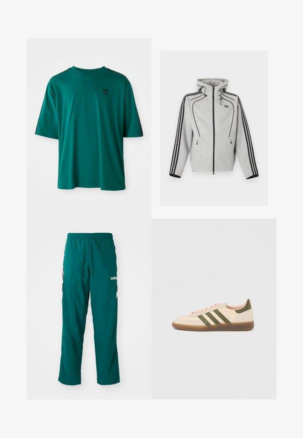 Svetlosivá mikina na zips s čiernymi pásmi na rukávoch, nastaviteľnou kapucňou so sťahovacími šnúrkami, bočnými vreckami na zips a logom Adidas na hrudi.; Teal bavlnené tričko s krátkymi rukávmi, okrúhlym výstrihom a čiernymi bočnými pruhmi. Má malé čierne logo na hrudi.; Zelené športové nohavice vyrobené z ľahkej tkaniny, s elastickým pásom, bočnými vreckami a bielym logom Adidas na ľavej strane.; Nízky béžový tenisky Adidas Spezial so zelenými pruhmi, gumovou podrážkou a nápisom „SPEZIAL“ na boku, zobrazené z vonkajšej strany.