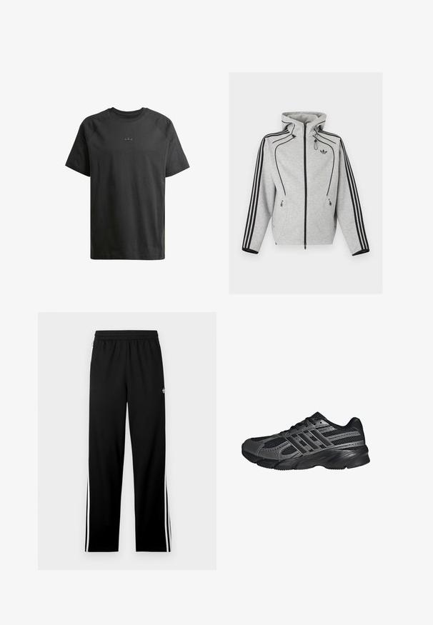 Svetlosivá mikina na zips s čiernymi pásmi na rukávoch, nastaviteľnou kapucňou so sťahovacími šnúrkami, bočnými vreckami na zips a logom Adidas na hrudi.; Čierne bavlnené tričko s krátkymi raglánovými rukávmi, s jemne embosovaným logom na hrudi a hladkou textúrou po celom povrchu.; Čierne športové nohavice z sieťoviny, s rovno strihaným dizajnom, elastickým pásom a bielymi bočnými pásikmi. Zobrazené športové logo.; Čierne športové topánky vyrobené z pletiva a syntetických materiálov, s textúrovaným povrchom, viacerými šedými pruhmi a polstrovaným golierom.