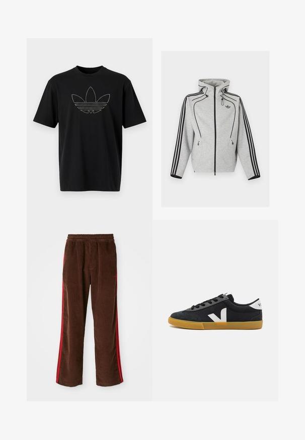Lysegrå hættetrøje med lynlås med sorte striber på ærmerne, justerbar hætte med snore, lynlåslommer på siden og Adidas-logo på brystet.; Sort bomuld T-shirt med et stort, omridset Adidas-logo i reflekterende materiale med vandrette linjer på forsiden. Korte ærmer.; Brune corduroy bukser med elastisk talje, der har røde sidelister og lige ben. Tekstureret stof med subtile ribbede detaljer.; Sorte lærredssneakers med en suede tåboks, hvidt logo-accent, sorte snørebånd og en gummigummisål. Minimalistisk design og lav profil.