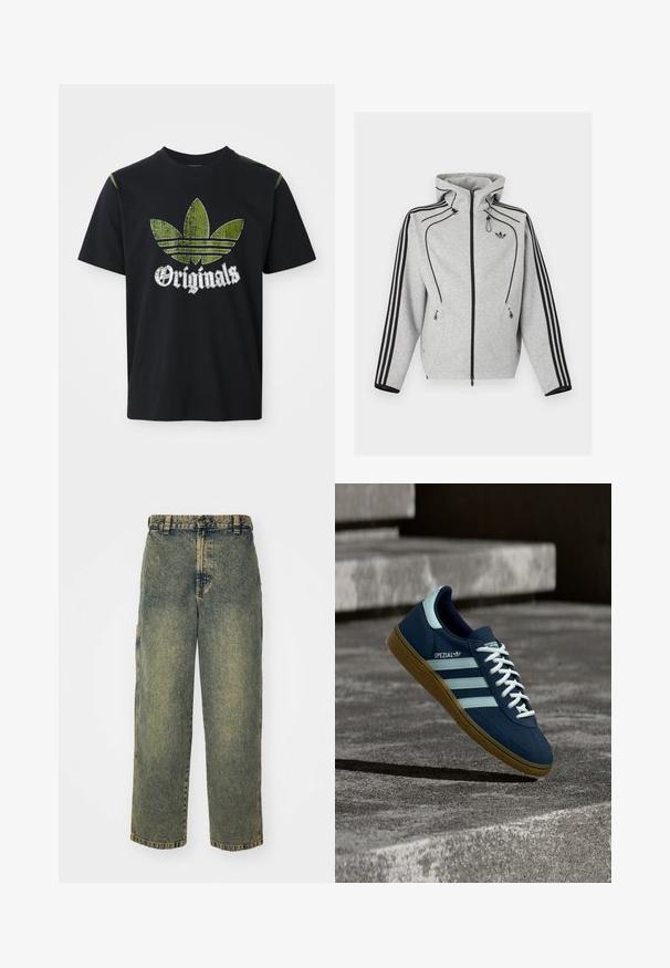 Sudadera con capucha y cremallera de color gris claro con rayas negras en las mangas, capucha ajustable con cordones, bolsillos laterales con cremallera y logo de Adidas en el pecho.; Camiseta de algodón negra con un gráfico verde desgastado que presenta tres rayas y la palabra "Originales" debajo en blanco, cuello redondo, mangas cortas.; Jeans de denim holgados en un lavado azul y verde descolorido. Presenta un cierre de botón, pasadores para el cinturón y bolsillos laterales. Diseño de frente plano y pierna recta.; Zapatilla azul Adidas Spezial con rayas y cordones blancos, suela de goma, flotando sobre una superficie de hormigón rugosa y escaleras de fondo.
