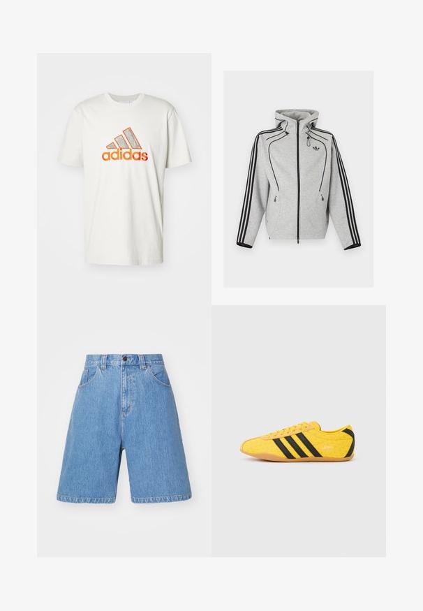 Helehall triiksärk lukuga, mustade triipudega varrukatel, reguleeritava nööriga kapuutsiga, lukuga küljetaskud ja Adidas logo rinnal.; Valge puuvillane T-särk, millel on suur oranž ja hõbe Adidas'i logo koos kolme diagonaalse triibuga. Lühikesed varrukad ja ümar kaelus.; Heledad hallide denim lühikesed püksid, millel on vabalt langev lõige, kõrge vöökoht, viie tasku disain ja kerge fading. Omab nööpkinnitust ja vöökonteid.; Kollane sportlik jalanõu tekstuurse pealiskihiga, millel on mustad triibud ja logo. Ümar nina, pehme tallaosa ning materjalil siksakmuster.