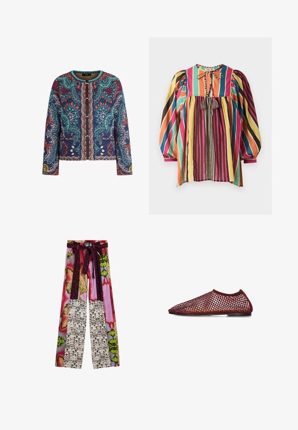 Kleurrijk geweven jack met ingewikkelde bloemen- en paisleypatronen in groenblauw, rood, oranje en wit, open voorkant en kleine voorzakken.; Kleurvolle, gestreepte blouse met een ronde halslijn, pofmouwen en franjerand. De stof is lichtgewicht en ademend.; Wijde broek met een kleurrijk patchwork van bloemen- en abstracte prints en een bijpassende stoffen riem gestrikt in de taille.; Rood vlakke schoen met open, netachtige ontwerp en leren zool, zijaanzicht op een witte achtergrond.