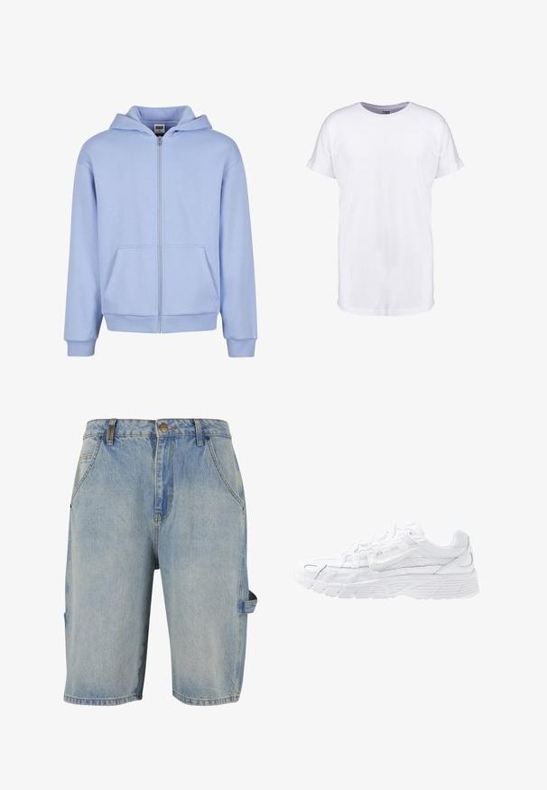 Urban Classics URBAN CLASSICS FLUFFY ZIP HOODY - Sweatjacke - powderblue; Weißes Baumwoll-T-Shirt mit kurzen Ärmeln, Rundhalsausschnitt und lockerer Passform. Glatte Textur und keine sichtbaren Muster oder Designs.; Jeansshorts in Hellblau mit einem klassischen Fünf-Taschen-Design, sichtbaren Nähdetails und einer seitlichen Cargo-Tasche mit Schlaufe.; Nike Sportswear P 6000 - Sneaker low - white/platinum tint