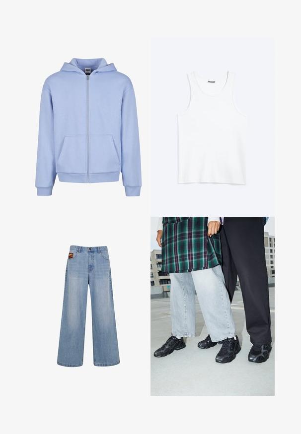 Urban Classics URBAN CLASSICS FLUFFY ZIP HOODY - Mikina so zipsom - powderblue; Biele tielko bez rukávov s okrúhlym výstrihom a štítkom značky Weekday na vnútornej zadnej strane goliera, zobrazené na svetlom pozadí.; Svetlomodré široké nohavice s vysokým pásom a malým farebným tkaným detailom, ktorý vyčnieva z prednej pravej vrecka.; Čierne športové topánky s sieťovinou a gumovými akcentmi. Nosené s svetlošedými širokými džínsami a kockovaným zeleným topom. Pozadie s plochým povrchom.