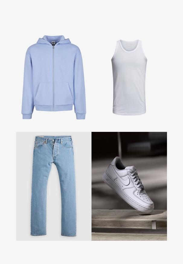 Urban Classics URBAN CLASSICS FLUFFY ZIP HOODY - Mikina so zipsom - powderblue; Biely bavlnený tielko s okrúhlym výstrihom, širokými ramienkami a minimálnym brandingom vytlačeným vnútornou stranou goliera. Mäkká textúra, voľný strih.; Svetlomodré rovné džínsy s gombíkovým zapínaním, pútkami na opasok a prednými a zadnými vreckami, zobrazené na bielom pozadí.; Biely kožený teniska Nike Air Force 1 má perforovanú špičku, ploché šnúrky a štruktúrovanú gumovú podrážku s nápisom „AIR“ na boku.