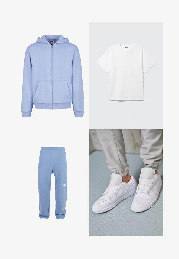 Urban Classics URBAN CLASSICS FLUFFY ZIP HOODY - Φούτερ με φερμουάρ - powderblue; Λευκό κοντομάνικο T-shirt με στρογγυλή λαιμόκοψη, απλή σχεδίαση, τοποθετημένο οριζόντια, με ετικέτα «WEEKDAY» μέσα στο γιακά σε ανοιχτό φόντο.; Ανοιχτό μπλε φόρμες από ύφασμα με ελαστική μέση, στενές στο κάτω μέρος και λευκό λογότυπο στο αριστερό μηρό. Κατασκευασμένες από μαλακό, υφασμάτινο υλικό.; Λευκά δερμάτινα αθλητικά παπούτσια με περφοραρισμένο μπροστινό μέρος, επίπεδα κορδόνια, μαλακή επένδυση στον αστράγαλο και το λογότυπο Jordan στην γλώσσα. Φοριούνται με γκρι φόρμες.