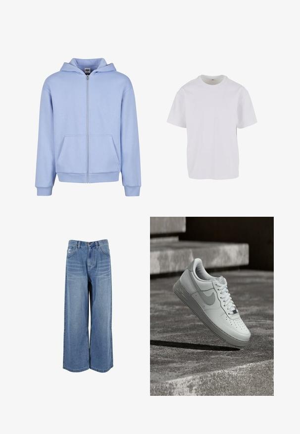 Urban Classics URBAN CLASSICS FLUFFY ZIP HOODY - Sweater met rits - powderblue; Witte T-shirt met korte mouwen van zacht katoen, met een ronde halslijn en een ontspannen pasvorm met rechte zoom. Geen patronen of accenten zichtbaar.; Brede blauwe denim jeans met een hoge taille, frontzakken en gestikte details op de benen. Gelaagd, vervaagd uiterlijk met een relaxed fit.; Witte Nike Air Force 1 sneaker zwevend boven een geribbelde betonnen ondergrond met stenen traptreden op de achtergrond.