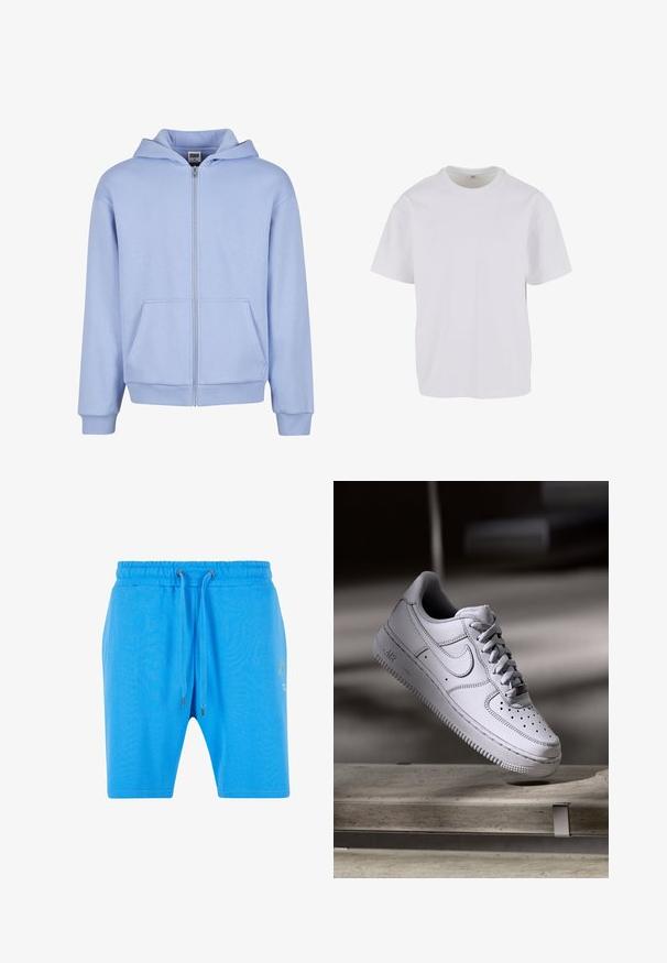 Urban Classics URBAN CLASSICS FLUFFY ZIP HOODY - Sweater met rits - powderblue; Witte T-shirt met korte mouwen van zacht katoen, met een ronde halslijn en een ontspannen pasvorm met rechte zoom. Geen patronen of accenten zichtbaar.; Blauwe katoenen shorts met een elastische tailleband, een trekkoordsluiting en subtiele grafische details aan de zijkant. Gladde textuur en ontspannen pasvorm.; Witte Nike Air Force 1 sneaker van leer met geperforeerde neus, platte veters en een gestructureerde rubberen zool met "AIR"-logo aan de zijkant.