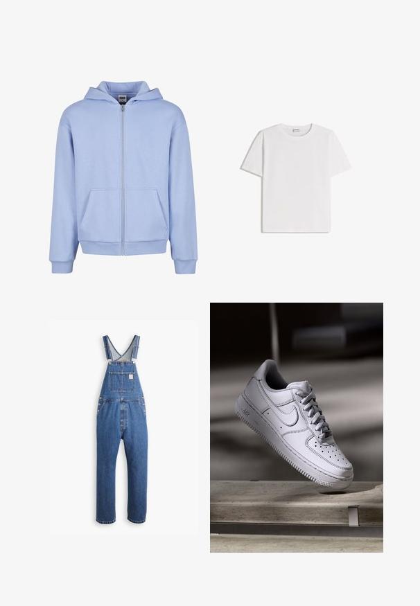 Urban Classics URBAN CLASSICS FLUFFY ZIP HOODY - Sweater met rits - powderblue; Wit katoenen T-shirt met een ronde hals en korte mouwen. Heeft een klassieke, rechte pasvorm zonder zichtbare patronen of accenten.; Denim tuinbroek in medium blauw, met verstelbare schouderbanden, een borstzak en metalen hardware. Het heeft een relaxte pasvorm en een recht model.; Witte Nike Air Force 1 sneaker van leer met geperforeerde neus, platte veters en een gestructureerde rubberen zool met "AIR"-logo aan de zijkant.