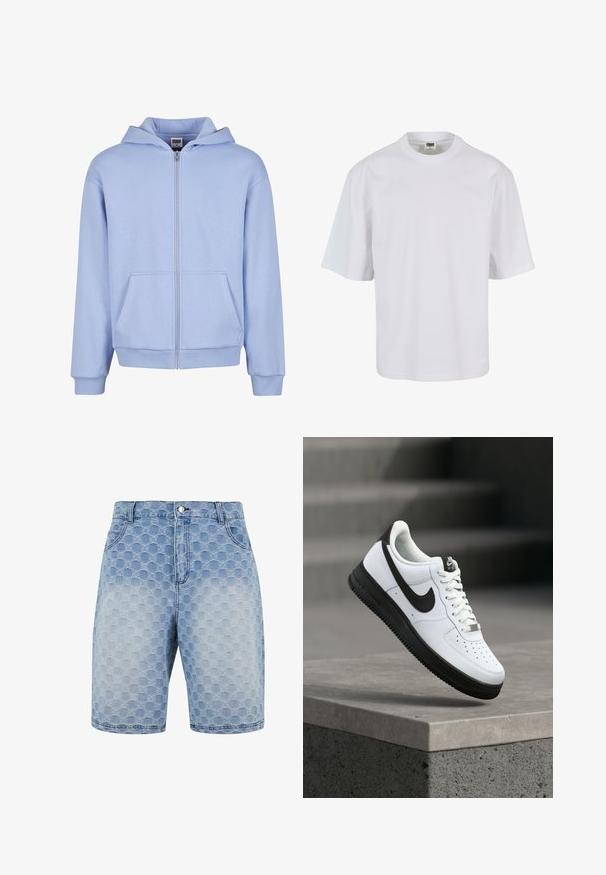 Urban Classics URBAN CLASSICS FLUFFY ZIP HOODY - Lukuga pusa - powderblue; Valge lühikeste varrukatega T-särk, mis on valmistatud puuvillast. Omab ümarat kaelanihke ja lahedat sobivust, millel on sile tekstuur ning ei mingeid nähtavaid mustreid ega graafikat.; Heledad sinine denimpüksid, millel on tekstureeritud muster, mis koosneb kattuvatest ringidest. Omab viit taskut ja klassikalist nupu- ja tõmbluku sulgemist.; Valged nahast tennised mustade detailidega, ümara ninaga ja perforatsioonidega. Musta kummist tald tekstuuriga mustriga ja paelaga kinnitusega.