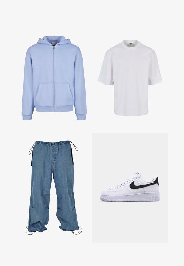 Urban Classics URBAN CLASSICS FLUFFY ZIP HOODY - Sweatjacke - powderblue; Weißes T-Shirt mit kurzen Ärmeln aus Baumwolle. Verfügt über einen Rundhalsausschnitt und einen lockeren Schnitt mit glatter Oberfläche sowie ohne sichtbare Muster oder Grafiken.; Hellblaue Jeanshose mit elastischem Bund, Kordelzug an den Säumen und seitlichen Taschen. Der Stoff scheint weich zu sein und hat eine leicht ausgebleichte Textur.; Weißes Leder-Sneaker mit einem strukturierten schwarzen Swoosh, flachen Schnürsenkeln und einer Gummisohle mit genoppetem Muster. "AIR" ist auf der Ferse eingeprägt.
