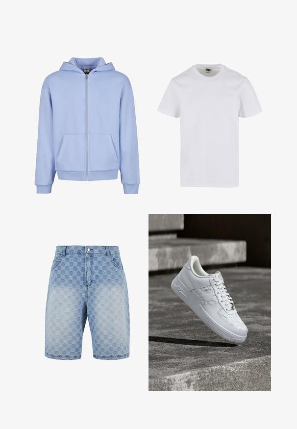 Urban Classics URBAN CLASSICS FLUFFY ZIP HOODY - Mikina so zipsom - powderblue; Biela bavlnená tričko s okrúhlym výstrihom, krátkymi rukávmi a voľným strihom. Hladká textúra bez viditeľných vzorov alebo akcentov.; Svetlo modré denimové šortky s textúrovaným vzorom prekrývajúcich sa kruhov. Obsahujú päť vreciek a klasické zapínanie na gombík a zips.; Biele tenisky Nike Air Force 1 s vyrazenými vzormi hviezd a kovovým príveskom v tvare hviezdy na šnúrkach, ktoré voľne visia nad betónovým povrchom.