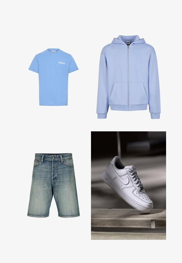 Urban Classics URBAN CLASSICS FLUFFY ZIP HOODY - Sweat zippé - powderblue; T-shirt en coton bleu clair à manches courtes, col rond, avec le logo blanc "Soulscape" sur le côté gauche de la poitrine. Texture lisse, design décontracté.; Shorts en denim bleu moyen pour hommes, avec cinq poches, fermeture par boutons, passants pour ceinture, et légère décoloration.; La basket Nike Air Force 1 en cuir blanc présente un embout perforé, des lacets plats et une semelle en caoutchouc texturée avec le logo « AIR » sur le côté.