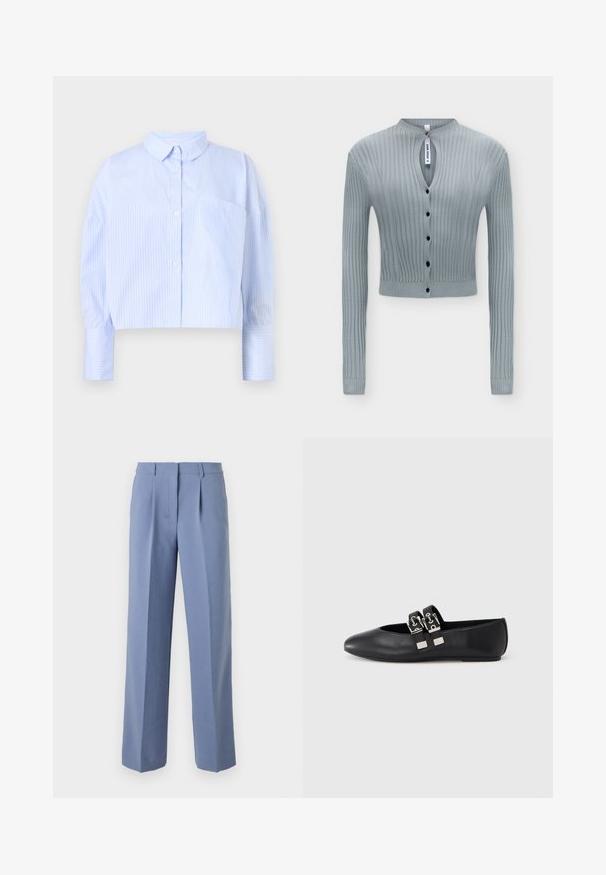 Svetlomodrý rebrovaný pletený kardigán s dlhými rukávmi, čiernymi gombíkmi vpredu, malým výrezom na krku a skráteným strihom.; Zkrátená button-up košeľa svetlo modrej farby s bielymi vertikálnymi pruhmi, s rozšíreným golierom a vreckom na hrudi. Mäkka textúra látky.; Svetlomodré plisované nohavice s prispôsobeným strihom, vyrobené z hladkej látky. Majú priamy strih nohavíc a pás stredného pásu.; Čierna kožená nízka obuv so špicatou špičkou a dvoma striebornými prackami cez hornú časť, fotografovaná na jednoduchom svetlom pozadí.