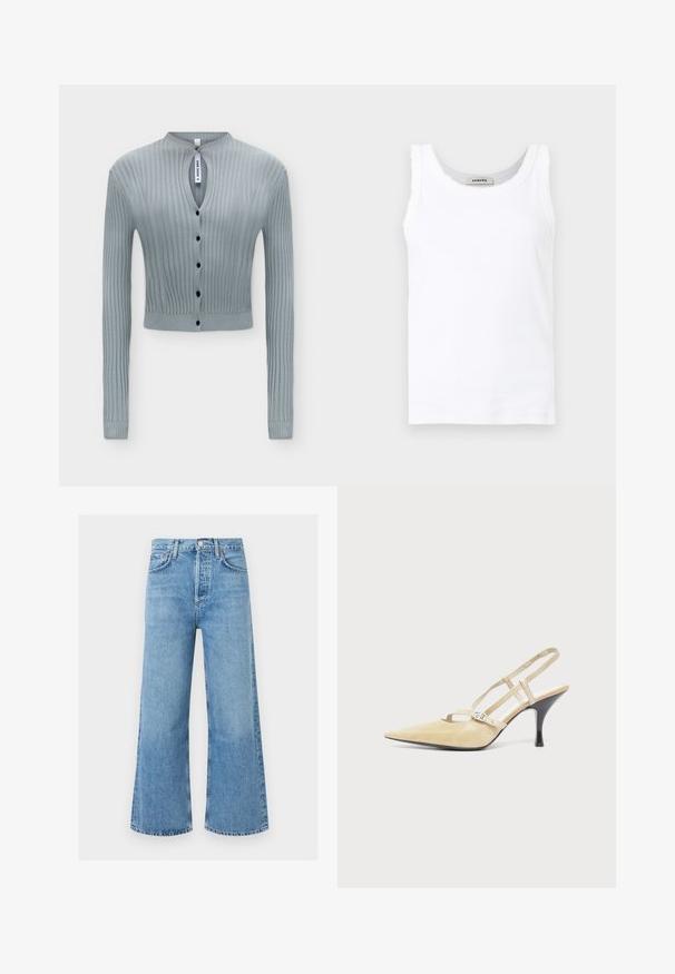 Cardigan en maille côtelée bleu clair à manches longues, boutons noirs sur le devant, petite ouverture en forme de goutte au niveau du cou et coupe courte.; Débardeur blanc sans manches en maille côtelée avec encolure ronde et bordure délicate en dentelle le long des bords, présenté sur un fond uni.; Jean en denim bleu clair taille haute à jambes larges avec bouton devant et poches, présenté sur un fond blanc uni.; Escarpin slingback beige à bout pointu avec fines brides et boucle argentée sur un talon aiguille noir de hauteur moyenne sur fond blanc.