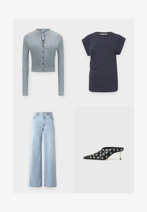 Hellblauer gerippter Strickcardigan mit langen Ärmeln, schwarzen Knöpfen vorne, kleinem Schlitz am Hals und cropped Schnitt.; Navyblaues T-Shirt aus Baumwolle, mit einem lockeren Schnitt, kurzen Dolman-Ärmeln und einer dezent gerafften Seite für Textur.; Weite helle blaue Jeans mit hoher Taille, fünf Taschen und ausgewaschenem Look. Verfügt über gesteppte Details und einen geraden Schnitt am Saum.; STAND STUDIO KELSEY - Pantolette hoch - black