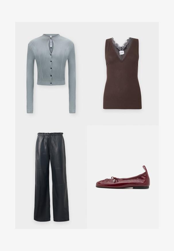 Cardigan en maille côtelée bleu clair à manches longues, boutons noirs sur le devant, petite ouverture en forme de goutte au niveau du cou et coupe courte.; Haut marron sans manches en tissu côtelé avec un décolleté en V profond orné de dentelle noire et une petite étiquette de marque visible au niveau de l'encolure.; Pantalons large en simili cuir noir avec une taille élastique, présentant une texture lisse et des coutures soignées.; Ballerines en cuir verni bordeaux avec un bout arrondi, semelle noire fine et un accent de nœud à l'avant. Texture lisse et brillante.