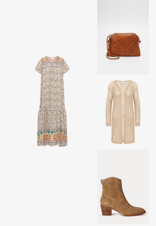Beige gestrickte Strickjacke mit einer lockeren, offenen Maschenstruktur, V-Ausschnitt, langen Ärmeln und geradem Schnitt. Ohne Verschlüsse; leichtes Design.; Maxikleid mit floralen Mustern auf cremefarbenem Hintergrund, bunten Blumenmustern, kurzen Ärmeln, rundem Ausschnitt und einem rüschierten Saum.; Brauner Wildleder-Stiefeletten mit niedrigem gestapeltem Holzabsatz und Zuglasche hinten auf schlichtem hellem Hintergrund.; Braune geflochtene Leder-Crossbody-Tasche mit Reißverschluss, runder Form und geflochtenem Tragegurt. Verfügt über eine kleine, rechteckige Logoplatte.