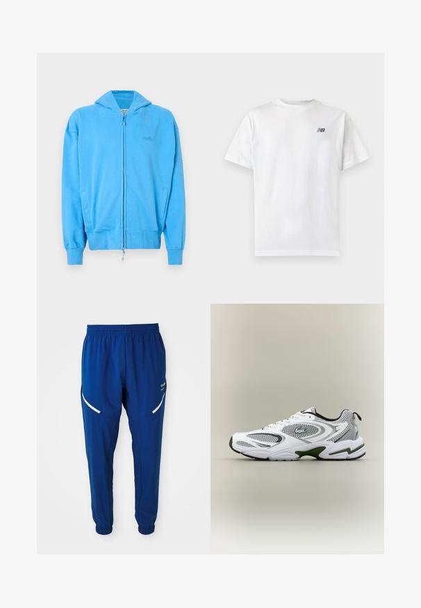 Sudadera con cremallera de un brillante color azul, con capucha, puños y dobladillo acanalados, dos bolsillos frontales y un sutil logo grabado en el pecho.; Camiseta blanca de manga corta con cuello redondo y un pequeño logo negro de New Balance en la parte superior izquierda del pecho sobre un fondo liso y claro.; Pantalones deportivos de color azul royal con cintura y puños elásticos, tiras reflectantes blancas curvas en los muslos y pequeño logotipo blanco en el lado derecho.; Zapatilla deportiva de running en blanco y gris, con paneles de malla, acentos verdes, detalles en negro y un logo en el costado, vista desde el lado exterior.