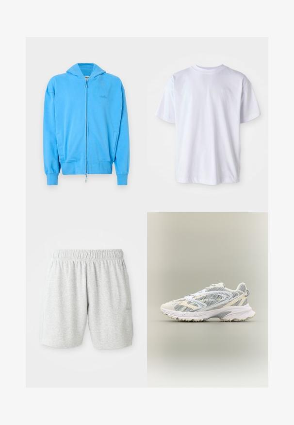 Sudadera con cremallera de un brillante color azul, con capucha, puños y dobladillo acanalados, dos bolsillos frontales y un sutil logo grabado en el pecho.; Camiseta blanca de algodón con cuello redondo y mangas cortas. Presenta un logo sutil bordado en un color a juego en el lado izquierdo del pecho.; Pantalones cortos de algodón grises con una cintura elástica, que presentan una textura suave y bolsillos laterales. Detalle sutil del logo en el dobladillo.; Zapatilla deportiva blanca con paneles de malla gris, superposiciones texturizadas, un collar acolchado y una suela de goma con pequeños picos de tracción.