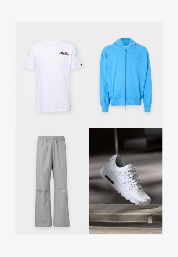 Helle blaue Zip-Hoodie mit Kapuze, gerippten Bündchen und Saum, zwei vorderen Taschen und dezent geprägtem Logo auf der Brust.; Weißes Baumwoll-T-Shirt mit kurzen Ärmeln, das ein marineblaues gesticktes Logo auf der linken Brust und einen lebhaften Farbakzent über dem Logo präsentiert.; Hellgraue wasserdichte Regenhose mit elastischem Bund und reflektierendem Streifen am rechten Bein, für den Außeneinsatz konzipiert.; Weiße Nike Air Max 90 Sneaker mit einem Obermaterial aus Mesh und Leder, durchlässigem Zehenbereich und einer sichtbaren Air-Einheit in der Ferse.
