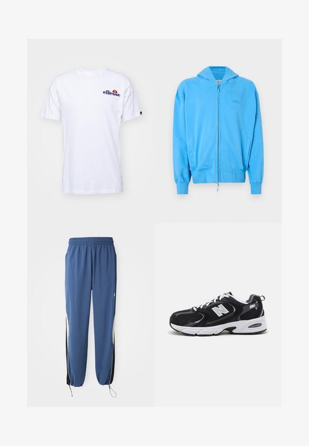 Helle blaue Zip-Hoodie mit Kapuze, gerippten Bündchen und Saum, zwei vorderen Taschen und dezent geprägtem Logo auf der Brust.; Weißes Baumwoll-T-Shirt mit kurzen Ärmeln, das ein marineblaues gesticktes Logo auf der linken Brust und einen lebhaften Farbakzent über dem Logo präsentiert.; Blaue Sporthose mit elastischem Bund, schmaler Passform und schwarzen Seitenpanelen. Mit Kordelzug an den Bündchen und Logo-Emblem.; Schwarze und graue Sportschuhe mit Obermaterial aus Mesh und Wildleder, ausgestattet mit einer weißen Zwischensohle, Schnürsenkeln und einem markanten "N"-Logo an der Seite.