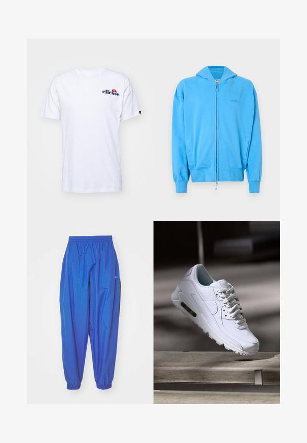 Haut zippé bleu vif avec capuche, poignets et ourlet en côtes, deux poches avant, et logo en relief subtil sur la poitrine.; T-shirt en coton blanc à manches courtes, avec un logo brodé bleu marine sur la poitrine gauche et un accent de couleur vive au-dessus du logo.; Pantalon de sport bleu en tissu léger, avec une taille élastique, des ourlets à revers et des rayures blanches sur les côtés.; Baskets blanches en cuir avec des surfaces texturées, un col rembourré et un amorti d'air visible dans la semelle. Elles possèdent des lacets et un design minimaliste.