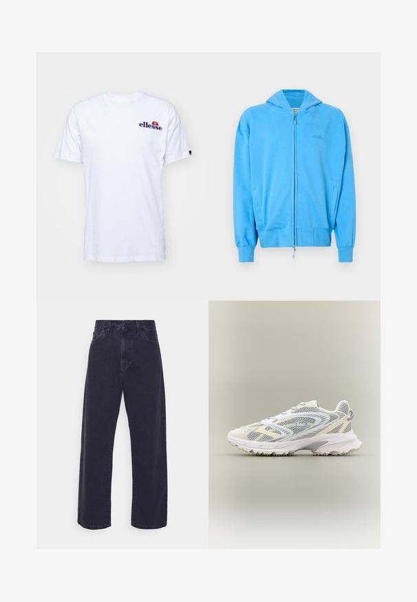 Helderblauwe ritssluiter hoodie met capuchon, ribgebreide manchetten en onderzoom, twee voorzakken en een subtiele reliëflogo op de borst.; Witte katoenen T-shirt met korte mouwen, voorzien van een marineblauw geborduurd logo op de linkerborst en een levendige kleurenaccent boven het logo.; Donker gewassen denim jeans met een wijde pasvorm, hoge taille en vijf-pocket ontwerp. Beschikt over een klassieke knoop- en ritssluiting.; Witte sportschoen met grijze netpanelen, gestructureerde overlays, een gepolsterde kraag en een rubberen zool met kleine tractiespitten.