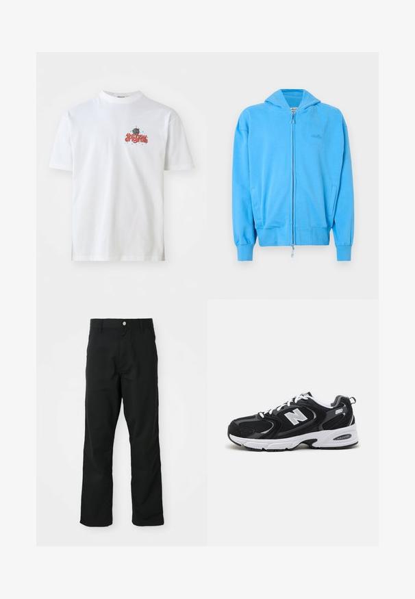 Helle blaue Zip-Hoodie mit Kapuze, gerippten Bündchen und Saum, zwei vorderen Taschen und dezent geprägtem Logo auf der Brust.; Weißes Baumwoll-T-Shirt mit dem Textgrafik "the new originals" in Rot und blauen Sternen, Rundhalsausschnitt und kurzen Ärmeln.; Schwarze gerade geschnittene Hosen mit Knopf- und Reißverschluss, Gürtelschlaufen und Seitentaschen, präsentiert vor einem weißen Hintergrund.; Schwarze und graue Sportschuhe mit Obermaterial aus Mesh und Wildleder, ausgestattet mit einer weißen Zwischensohle, Schnürsenkeln und einem markanten "N"-Logo an der Seite.
