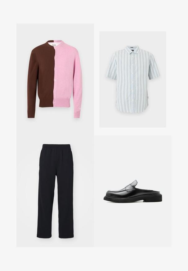 Cardigan mit Knopfleiste, vertikal geteilt, links in einfarbigem Braun und rechts in Hellrosa, mit gerippten Bündchen und Saum.; Kurzärmeliges Hemd mit Knopfleiste, vertikalen weißen und hellblauen Streifen, weiter Kragen und weißen Knöpfen entlang der Vorderseite.; Schwarze Jogginghose mit elastischem Bund, geraden Beinen und gestickten Details. Hergestellt aus weichem, strukturiertem Stoff.; Schwarzer Lederloafer mit offenem Hacken, niedrigem Absatz und gesteppten Details entlang des Obermaterials und der Sohle, seitlich auf weißem Hintergrund abgebildet.