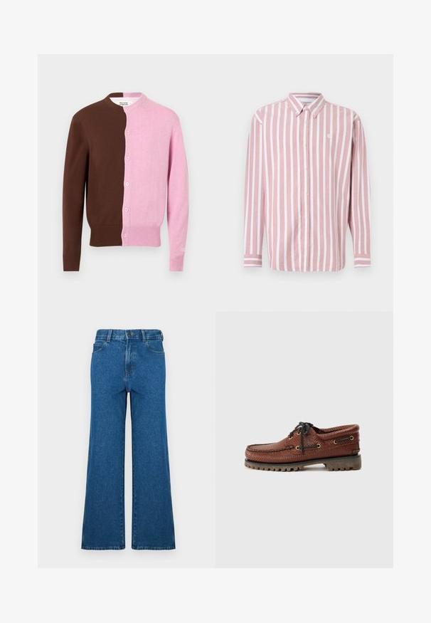 Cardigan med knapper foran, lodret delt i ensfarvet brun til venstre og lyserød til højre, med ribstrikkede manchetter og kant.; Stribet skjorte med knapper i pink og hvid. Har krave, lange ærmer og et lille logo. Fremstillet af vævet stof.; Bredbenede jeans i blå denim. Har klassisk fem-lomme-design, knaplukning og falmet tekstur. Lige kant med subtile syningsdetaljer.; Brune læder bådsko med struktureret overdel, sorte snørebånd og gyldne øjer. Har en holdbar, rillede gummisål.