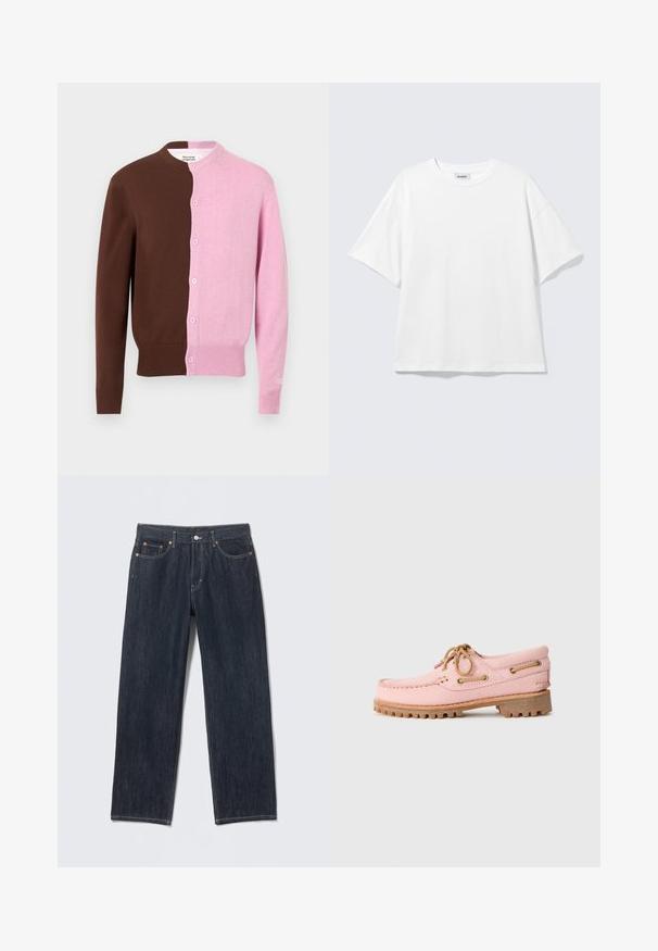 Vest met knopen aan de voorkant, verticaal verdeeld in effen bruin aan de linkerkant en lichtroze aan de rechterkant, met geribde manchetten en zoom.; Witte oversized T-shirt met korte mouwen, ronde hals en verlaagde schouders, plat op een lichtgrijze achtergrond.; Donkerblauwe spijkerbroek met een rechte pasvorm, riemlussen, voor- en achterzakken en contrasterende stiksels. Geen zichtbare patronen of versieringen.; Roze leren bootshoe met tan kleurige veters, metalen oogjes en een dikke bruine rubberen zool, zijwaarts weergegeven op een witte achtergrond.