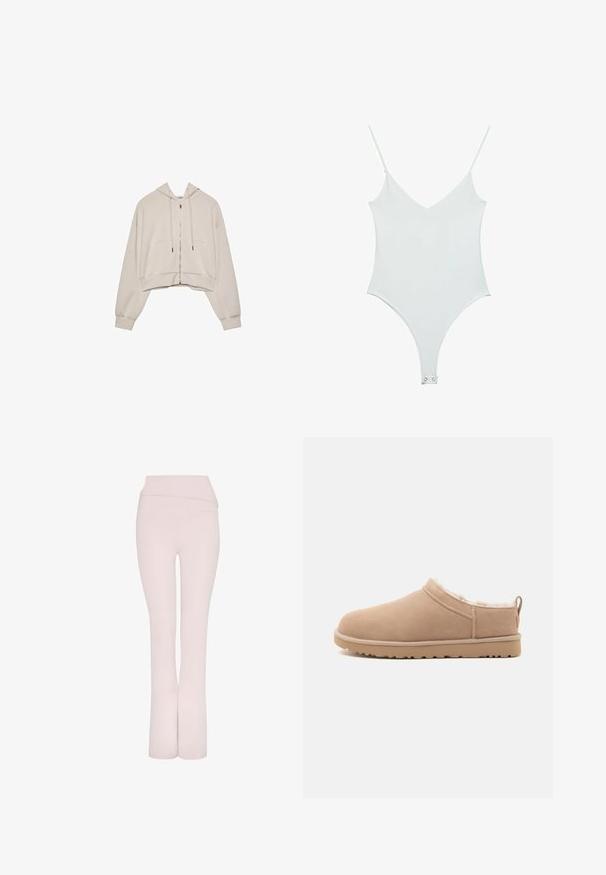 Beige verkürzter Hoodie mit Reißverschluss vorne, Kordelzügen und zwei großen Fronttaschen. Er hat lange, lässige Ärmel und gerippte Bündchen.; Weißer Ganzanzug mit dünnen Trägern, V-Ausschnitt und glatter Textur. Mit einem Druckknopfverschluss an der Unterseite und einer taillierten Silhouette.; Helle rosa, ausgestellte Hosen mit einem breiten Bund und glatter Textur. Sie verfügen über ein klares, schlankes Design ohne zusätzliche Verzierungen.; Beige Slip-on-Hausschuh mit weichem Wildleder-Außenmaterial, flauschigem weißem Fellfutter und Gummisohle mit Profil, seitlich dargestellt.