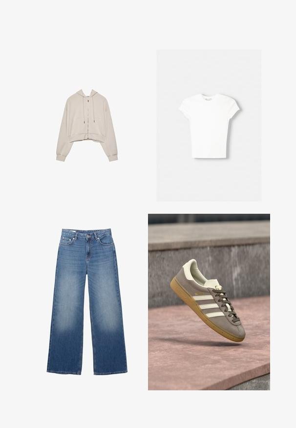 Beige cropped hoodie med lynlås foran, snoretræk og to store forlommer. Har lange, afslappede ærmer og ribbede manchetter.; Hvid kortærmet t-shirt lavet af blød bomuld, med rund halsudskæring og en tætsiddende form. Ingen synlige mønstre eller udsmykninger.; Blå brede jeans i denim med knap og lynlås foran, der har lommer foran og bagpå samt let falming på lårene.; Lysebrun ruskinds Adidas-sneaker med hvide striber og gummisål, svævende over lyserøde stentrapper udendørs.