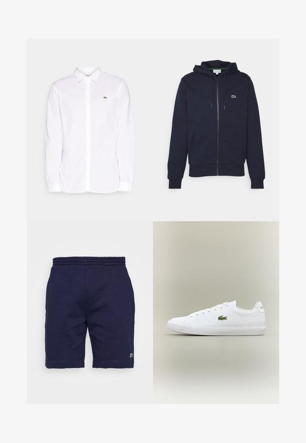 Marineblaue Zip-Up-Hoodie aus weichem Baumwollmaterial. Verfügt über eine Kängurutasche, eine Kapuze mit Kordelzug und ein kleines grünes Lacoste-Logo auf der Brust.; Weißes Langarmhemd aus Baumwolle mit Button-Down-Kragen, einem grünen gestickten Logo auf der linken Brust und geraden Manschetten.; Marineblaue Baumwollshorts mit einem elastischen Bund, ausgestattet mit einem kleinen grünen Logo am linken Bein und einer glatten Textur.; Weiße Ledersneaker mit einer strukturierten Gummisohle, die an der Seite ein grünes gesticktes Krokodil-Logo und eine minimale Markenidentität aufweisen.